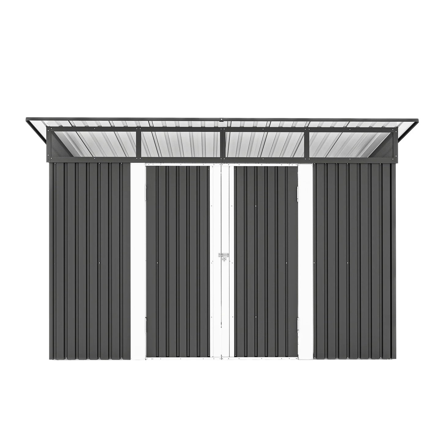 ModFusion 9x4 ft Outdoor Metal Storage Shed with Lockable Double Doors, Acrylic Glass Windows, Steel Roof, Garden Patio Bikes, Skylight, Dark Gray