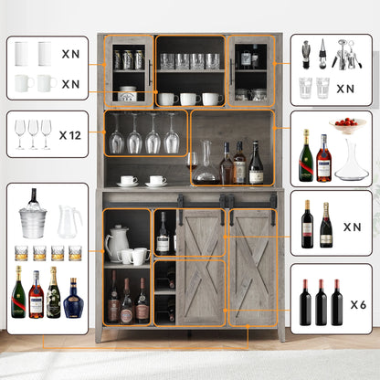 Farmhouse Bar Cabinet with Storage, Kitchen Buffet Cabinet with Sliding Barn Door and 3 Drawers, Coffee Bar with Wine and Glass Rack for Kitchen, Dining Room, White