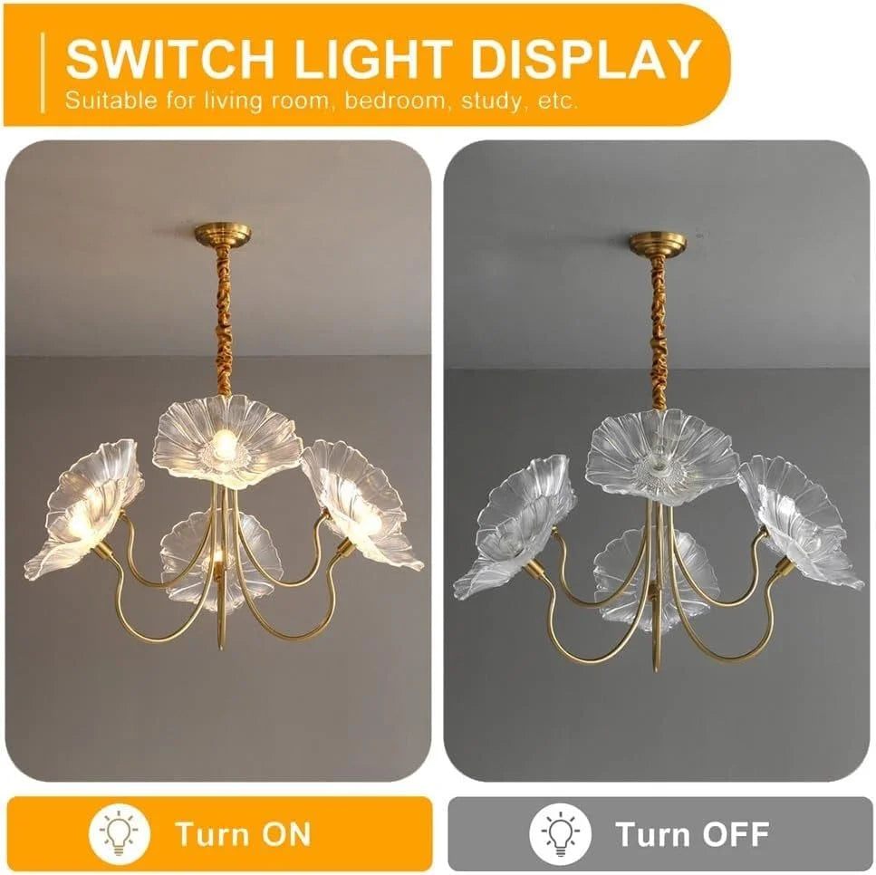 Lotus Leaf Glass Pendant Lights Fixtures Hanging Lamp,French Classic floral pendant Lighting Modern Nordic Chandeliers with 6-Lights,for Living Room Dining Room Bedroom