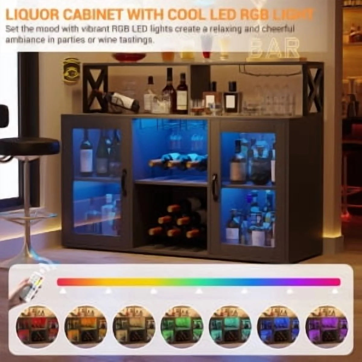 Historyli Wine Cabinet with LED Light,Bar Cabinet with Wine Rack,Glass Holder,and Power Outlets,for Living Room Office,Black