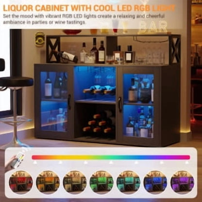 Historyli Wine Cabinet with LED Light,Bar Cabinet with Wine Rack,Glass Holder,and Power Outlets,for Living Room Office,Black