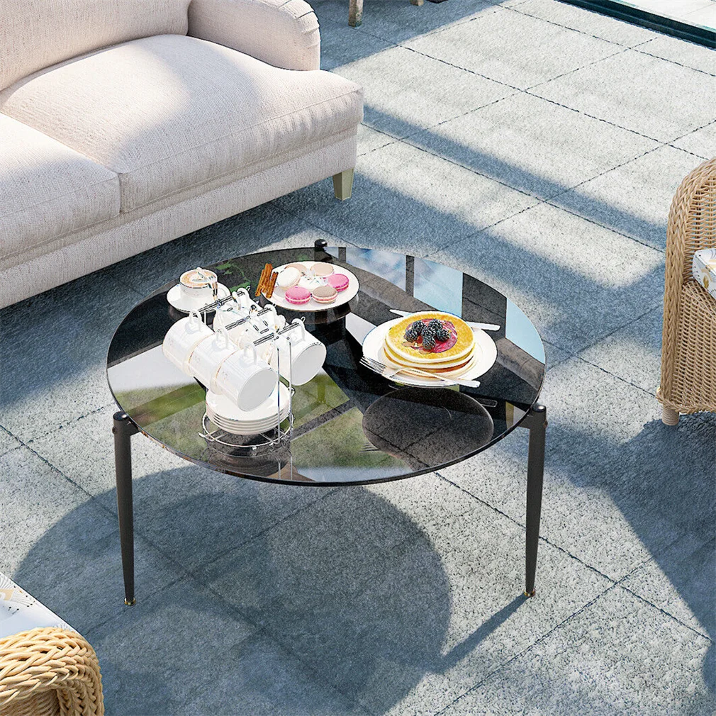Wisfor Round Tempered Glass Table Coffee Table Steel Novelty Legs for Bedroom Living Room, Gray