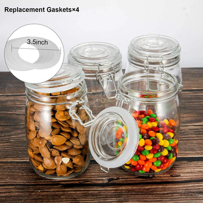 4 Pack Wide Mouth Mason Jars - 34 OZ Airtight Glass Canning Jars with Leak Proof Rubber Gasket and Clip Top Lids, Perfect for Storing Coffee, Sugar, Flour or Sweets