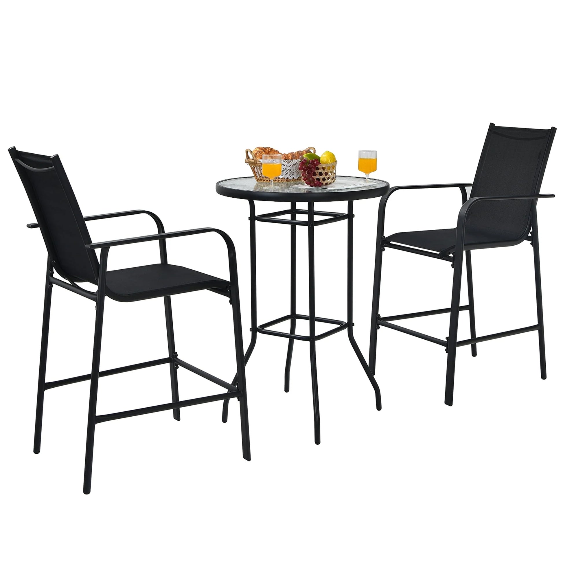 Gymax 3PCS Patio Bar Set Outdoor Bistro Set w/2 Stools & 1 Tempered Glass Table