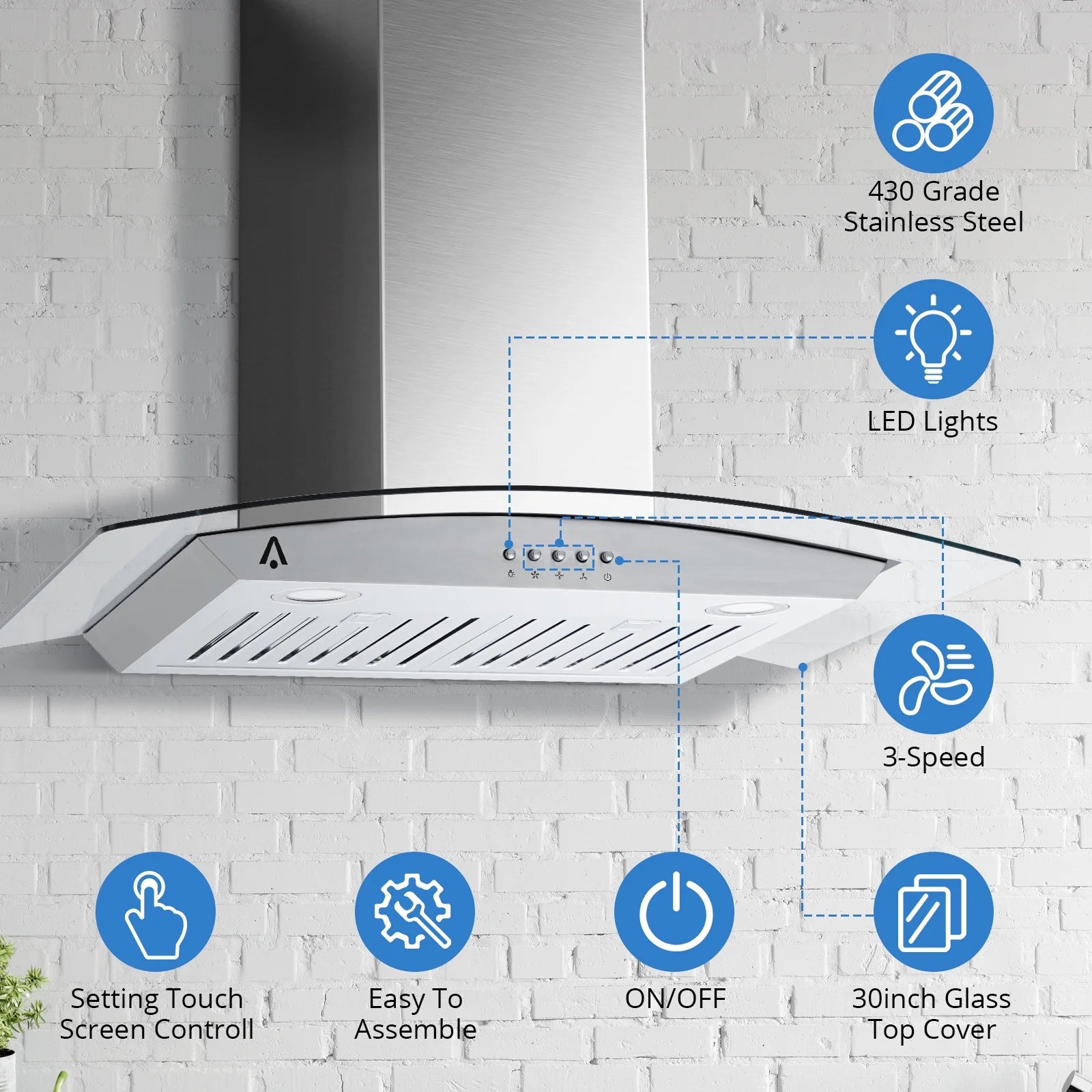 STRELECT 30 Inch Curved Glass Range Hood, 400 CFM Ductless/Ducted Convertible Stove Vent Hood with Chimney, 3 Speed Fan, LED Light, Button Control Vent Hood for Stove Kitchen