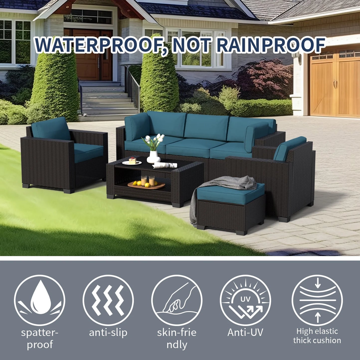 SHGJ& SOFT 7 Piece Patio Furniture Set, Wicker Outdoor Sectional Sofa with Washable Cushion Covers and Tempered Glass Table, Rattan Conversation Set for Poolside, Lawn, Balcony