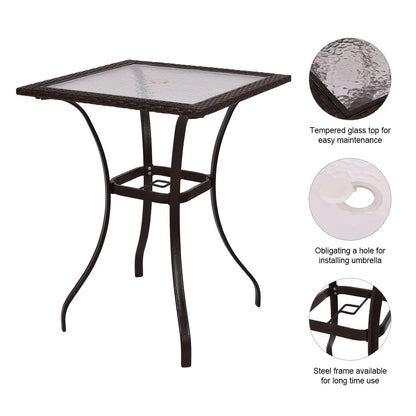 Patiojoy Patio 28.5" Square Bar Table with Umbrella Hole and Glass Top, Black