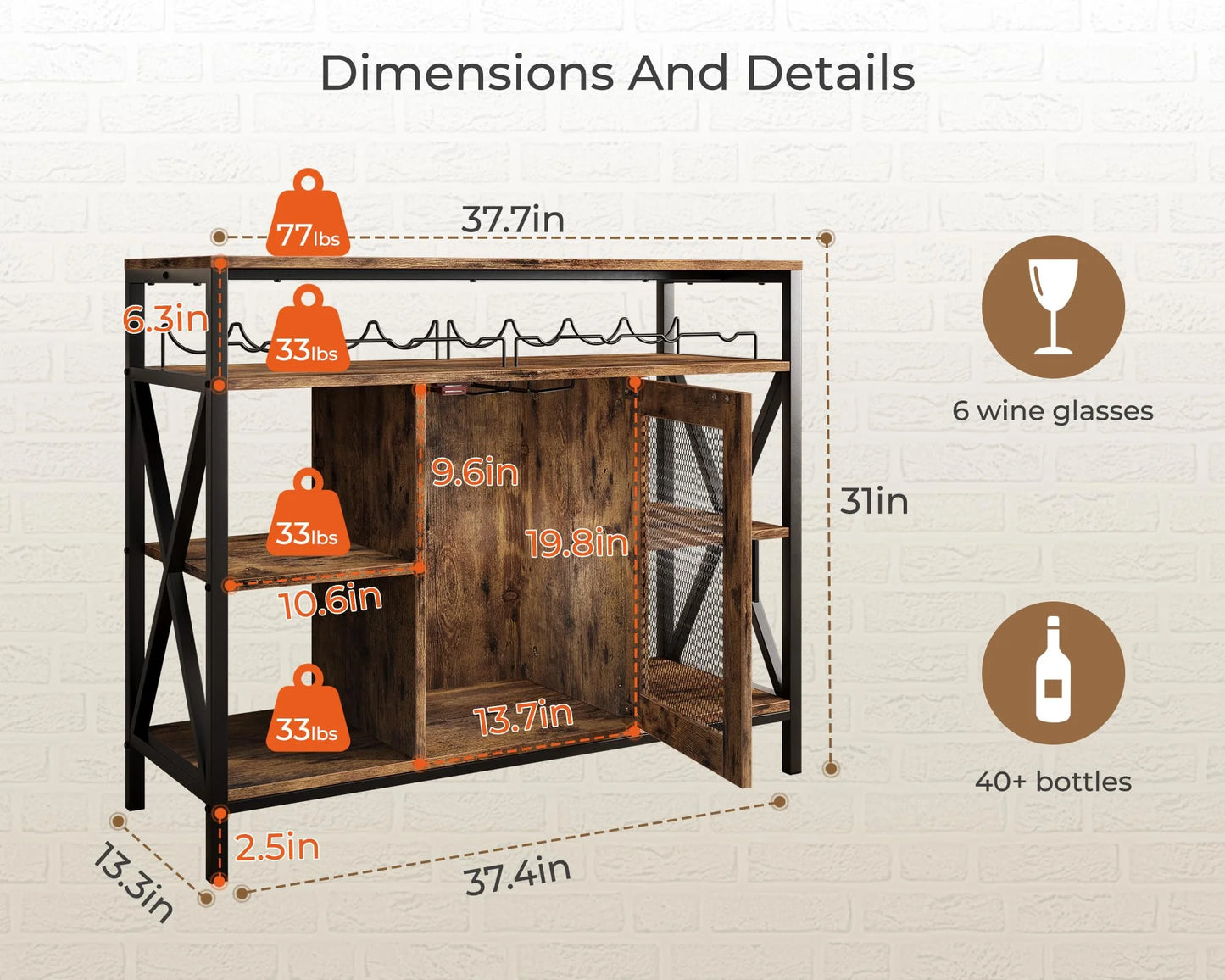 Vividwood Wine Bar Cabinet with Storage, Industrial Liquor Cabinet with Wine Rack & Glass Holder, Small Wood Metal Cart Bar Alcohol Table Sideboard Buffet for Home Kitchen Living Room, Oak