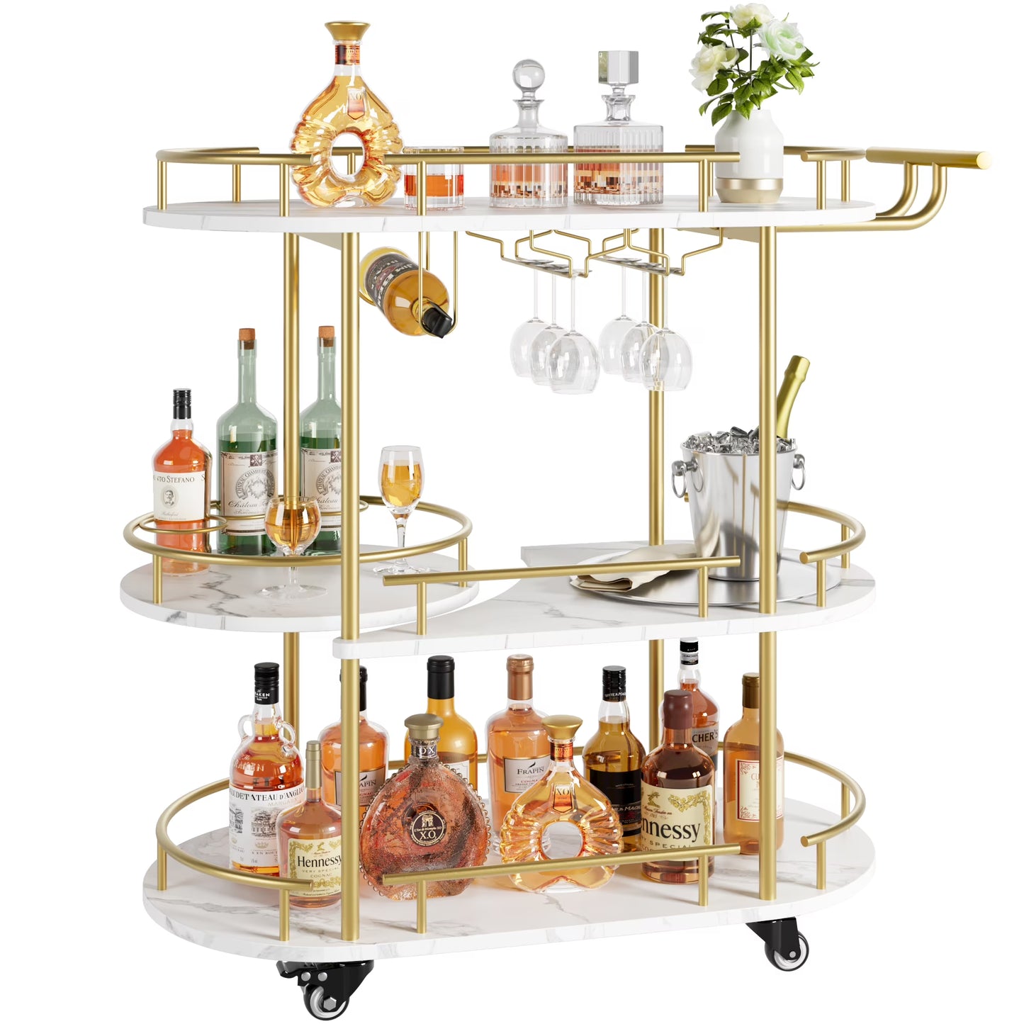 Garvee Bar Serving Cart, 3-Tier Storage Shelves & Wine Rack and Glass Holder, Golden & White