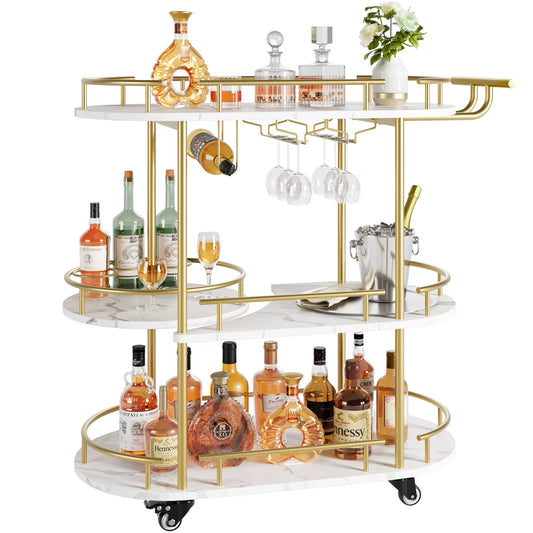 Garvee Bar Serving Cart, 3-Tier Storage Shelves & Wine Rack and Glass Holder, Golden & White