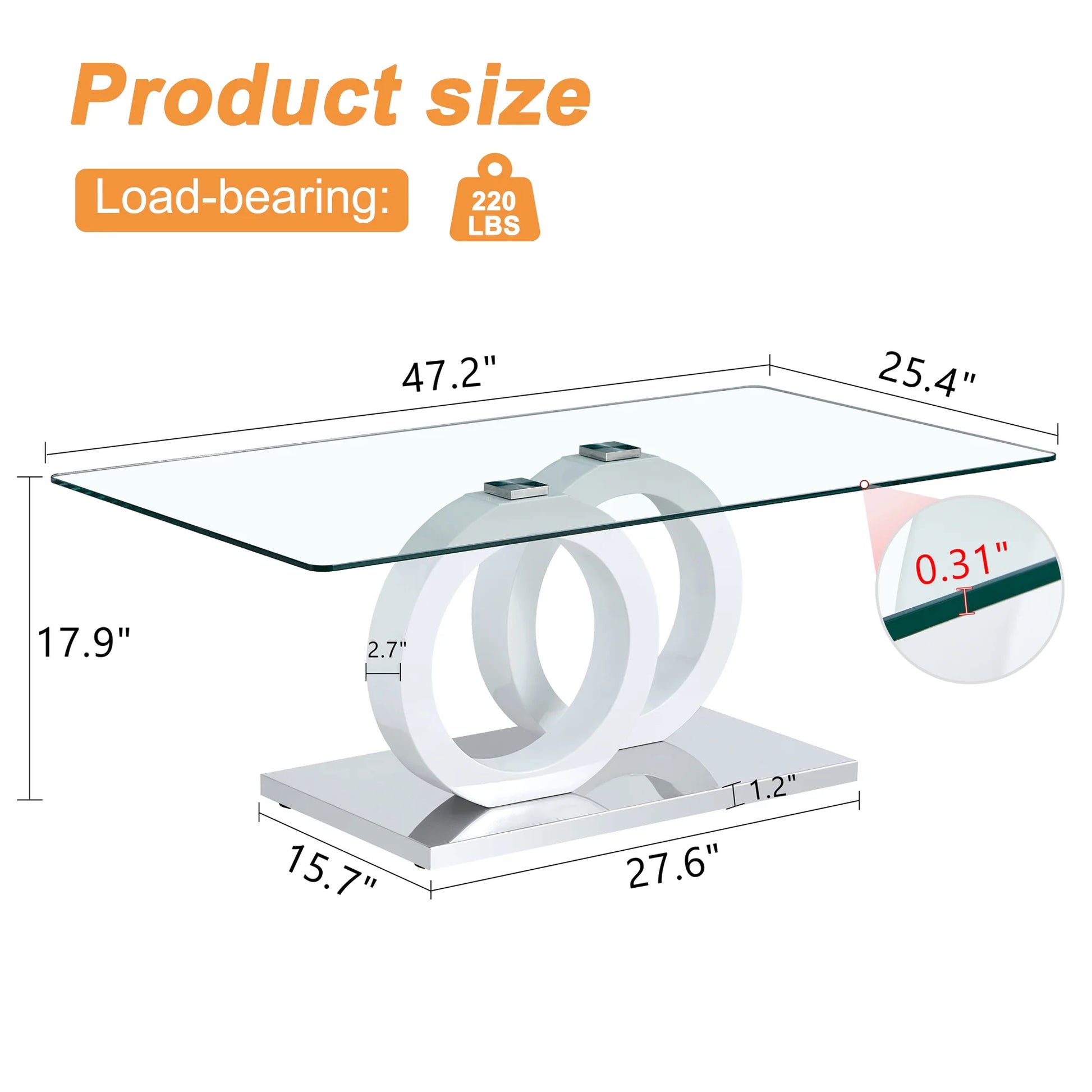 Sudica Rectangle Glass Coffee Table, Modern 47"x25" Tempered Glass Top Tea Table for Living Room, White Base