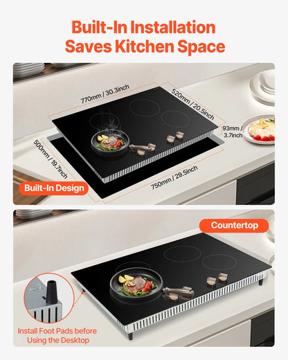 KFFKFF 4 Burner Built-in Electric Cooktop, 6600W 30" Built-in Top Electric Stove, with Knob Control, Temperature & Power Levels, Glass Top, Independent Control for Different Pots