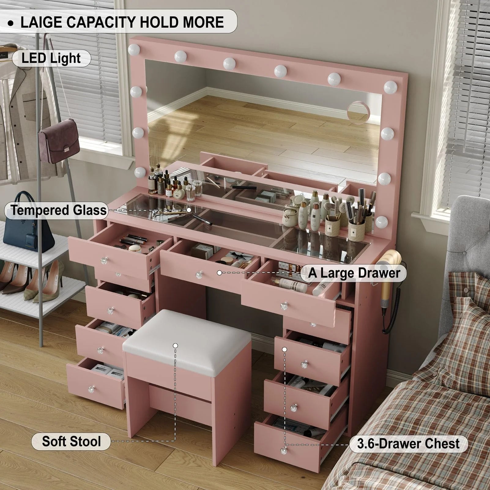 White Vanity Desk with Illuminated Mirror & Power Outlet, 11 Drawers Vanity Table with Chair, Makeup Vanity with 12 LED Lights, Tempered Glass Top, Dressing Table for Bedroom,Dressing Room