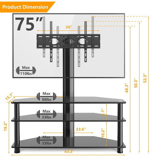 RTVR Modern 3-in-1 Flat Panel TV Stand for TVs up to 75 inch, Black Glass Shelves Table with Swivel Mount