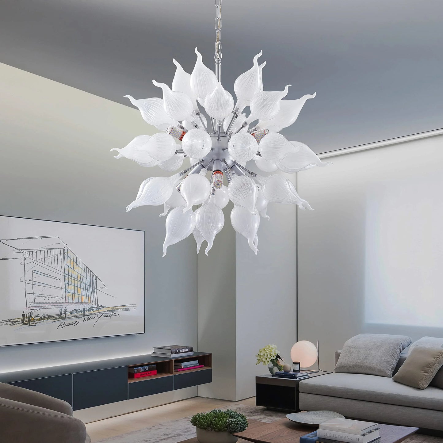 Longree 6-lights Plug in Hand Blown Glass Chandelier Modern Luxury White Flower Bud Glass Art Tall Ceiling Light Hanging Light Fixture for Kitchen, Bedroom, Dining Room, Living Room-LR1466