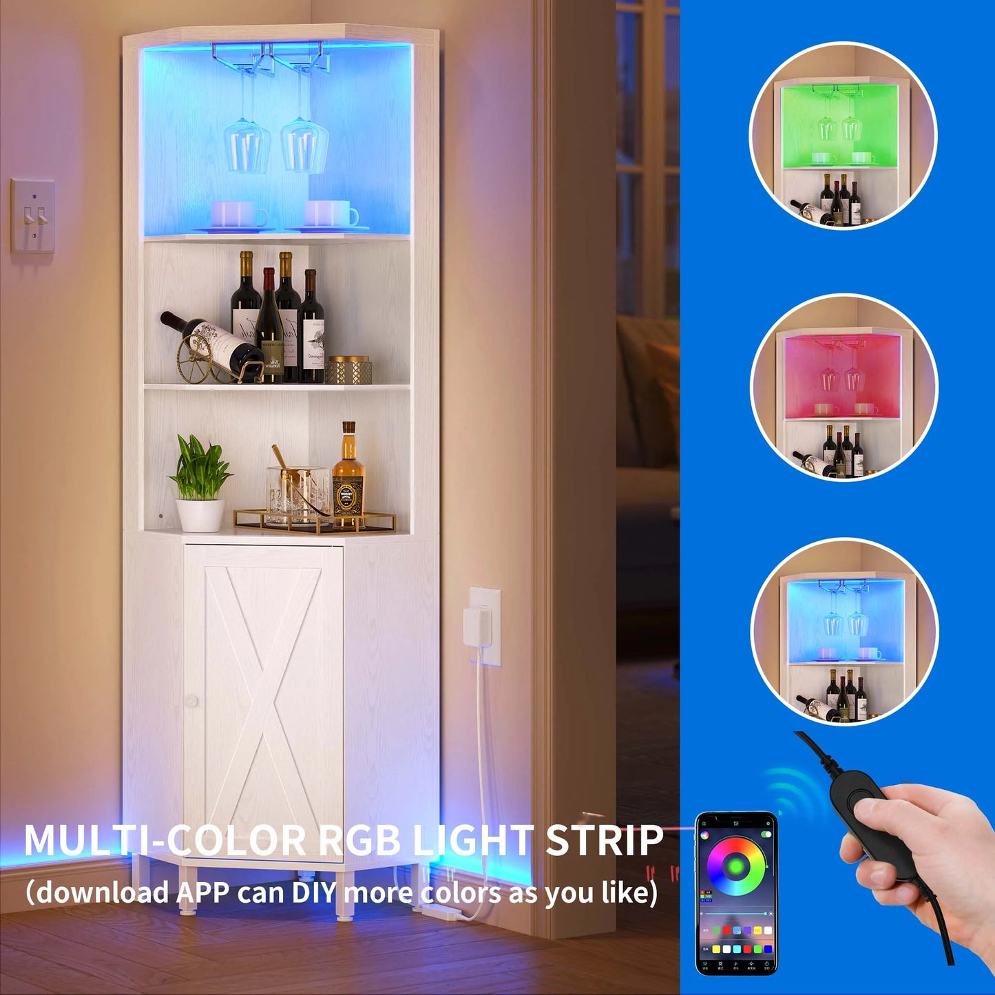 Dextrus 67" Corner Bar Cabinet with LED Lights, Wine Glass Holder & Storage Shelves, Black