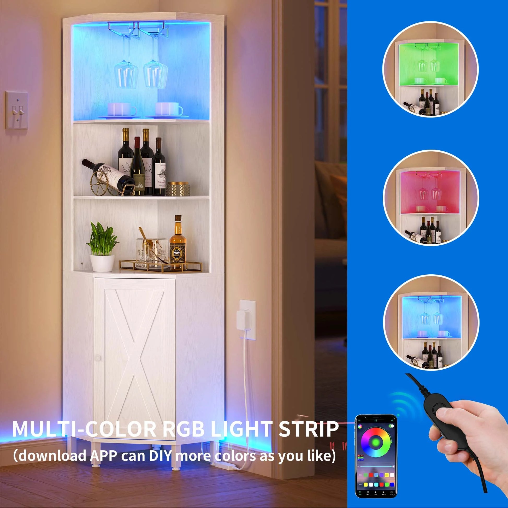 Dextrus 67" Corner Bar Cabinet with LED Lights, Wine Glass Holder & Storage Shelves, Black