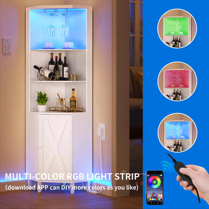 Dextrus 67" Corner Bar Cabinet with LED Lights, Wine Glass Holder & Storage Shelves, Black