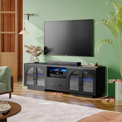 TV Stand for 75 inch TV, LED TV Stand for Living Room,70" Entertainment Center with Arched Glass Doors, Faux Marble Wood Finish Top, Adjustable Shelves, and LED Lighting, Black
