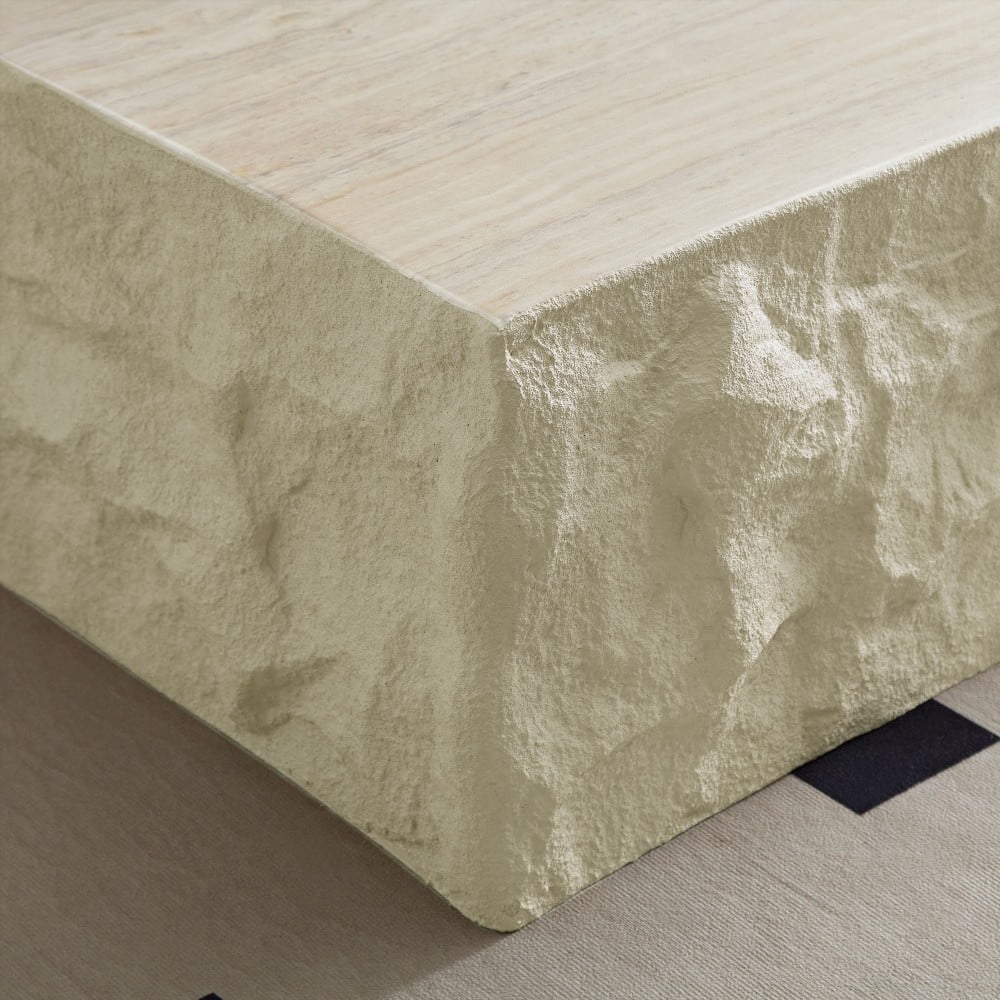 Fiberglass Square Coffee Table for Living Room, Imitation Stone Tabletop, No Assembly