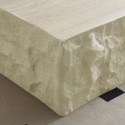 Fiberglass Square Coffee Table for Living Room, Imitation Stone Tabletop, No Assembly