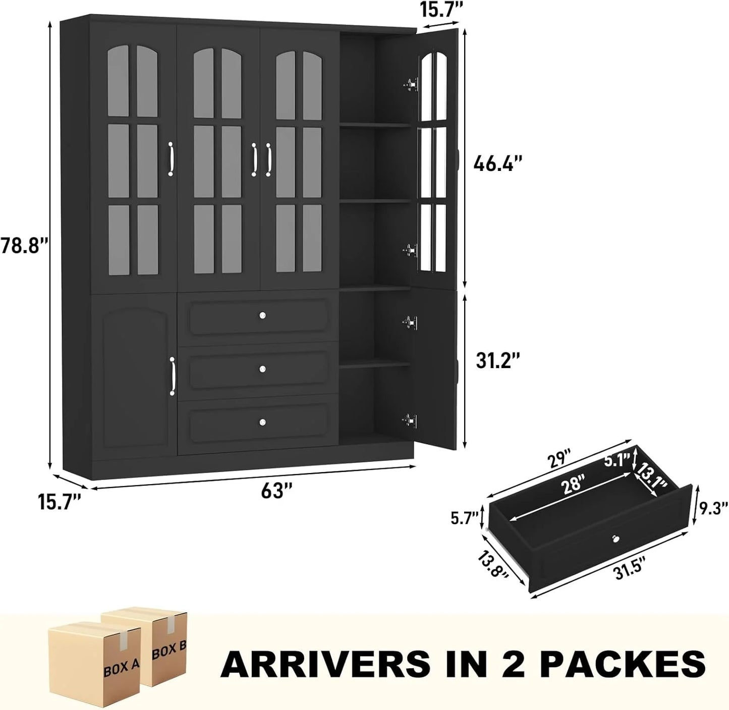 Blotout 78.7" Tall Kitchen Pantry Cabinet with 2 Glass Doors, Large Drawer Storage Cabinet with Shelves, Freestanding Storage Cabinet for Dining Room and Living Room