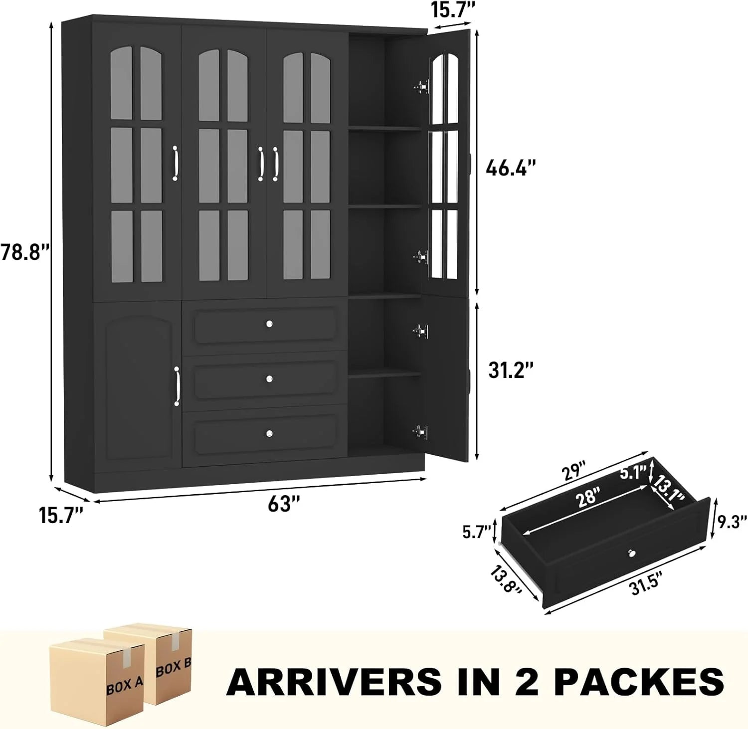 Blotout 78.7" Tall Kitchen Pantry Cabinet with 2 Glass Doors, Large Drawer Storage Cabinet with Shelves, Freestanding Storage Cabinet for Dining Room and Living Room
