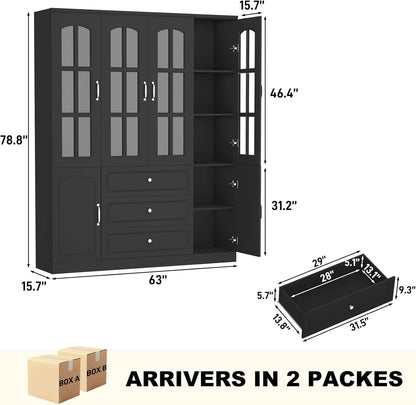 Blotout 78.7" Tall Kitchen Pantry Cabinet with 2 Glass Doors, Large Drawer Storage Cabinet with Shelves, Freestanding Storage Cabinet for Dining Room and Living Room