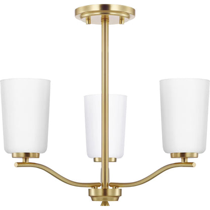 Adley Collection Three-Light Satin Brass Etched White Glass New Traditional Semi-Flush Convertible Light