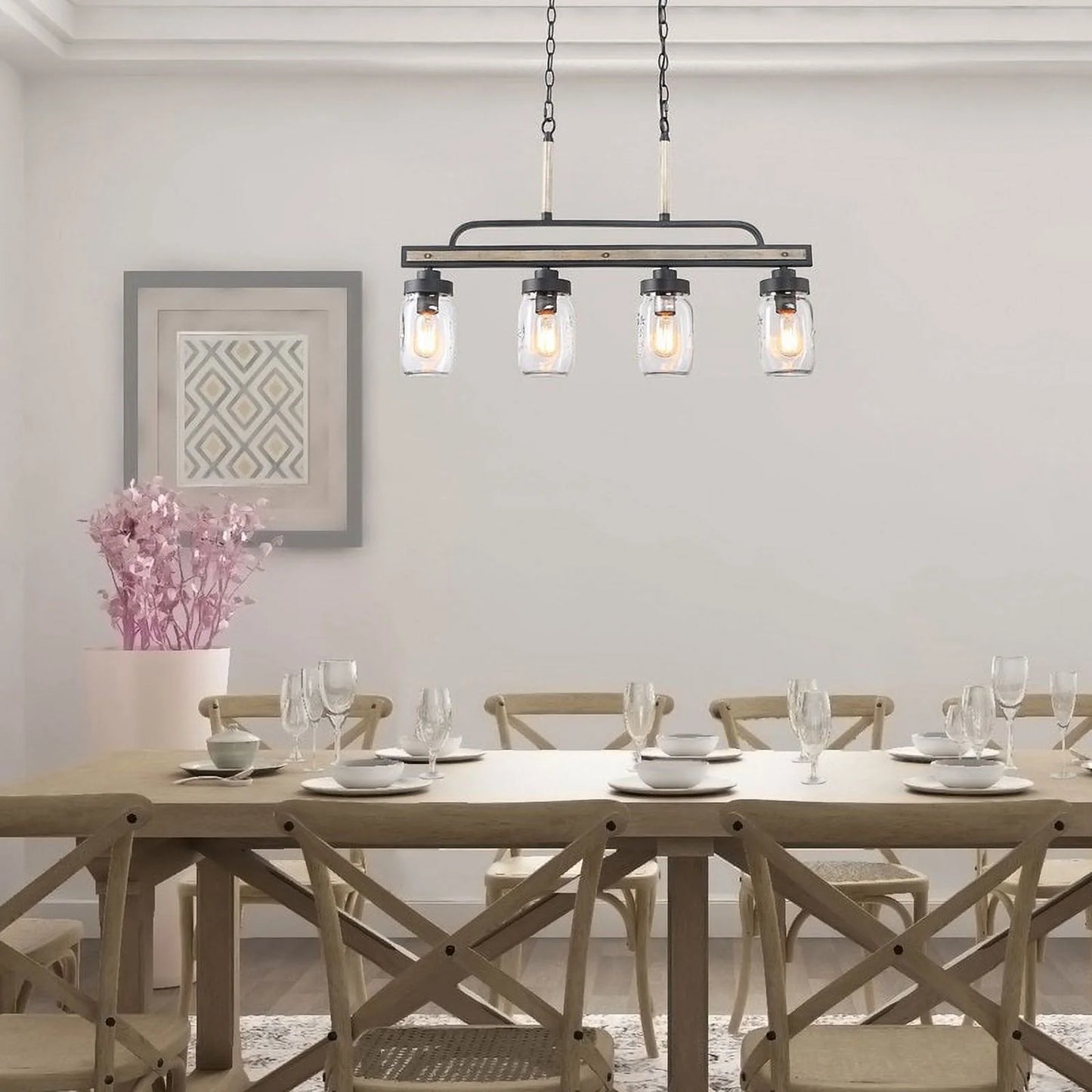 LaLuz Modern Farmhouse 4-Light Mason Jar Glass Chandelier for Kitchen Island 4 lights 25 to 36 Inches