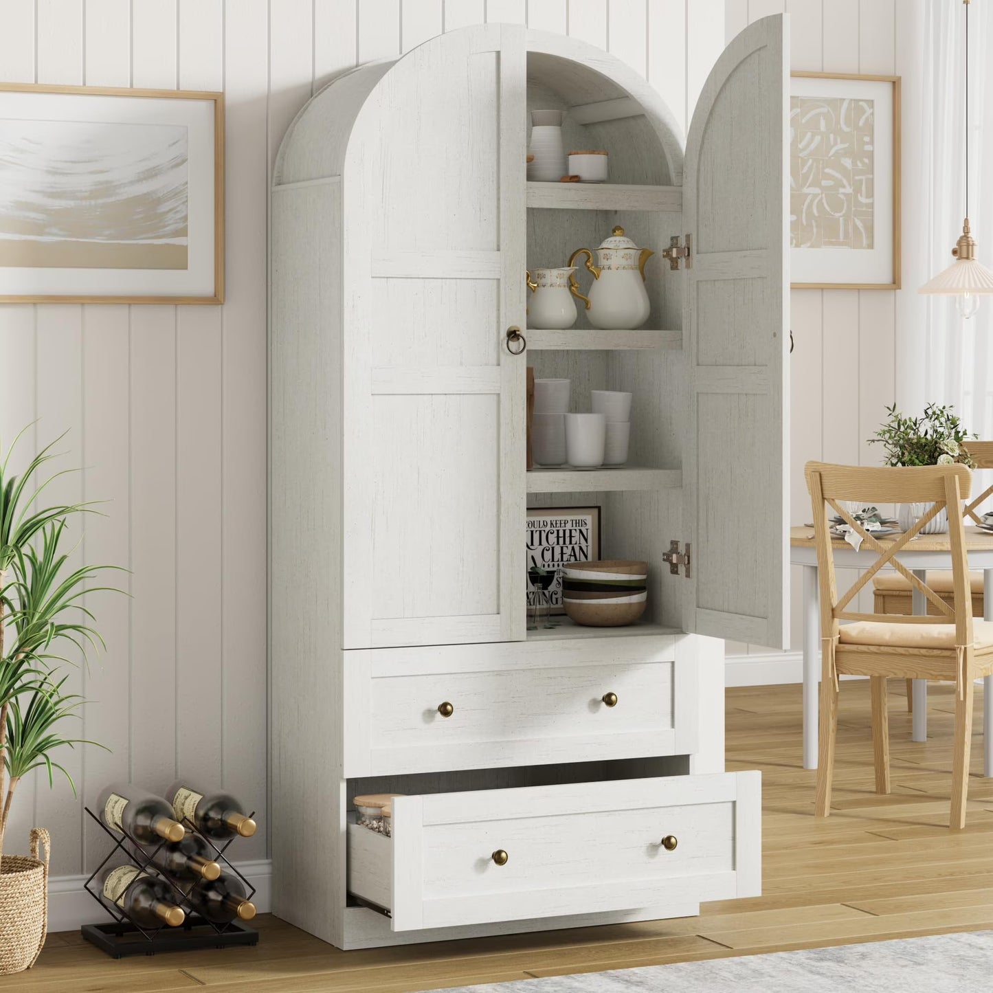 72" Tall Arched Kitchen Pantry Cabinet,Farmhouse Wood Pantry Storage Cabinet with 2 Large Drawers,Glass Door,Freestanding Versatile Pantry Cabinets Kitchens Storage Cabinets for Dining,Living Room