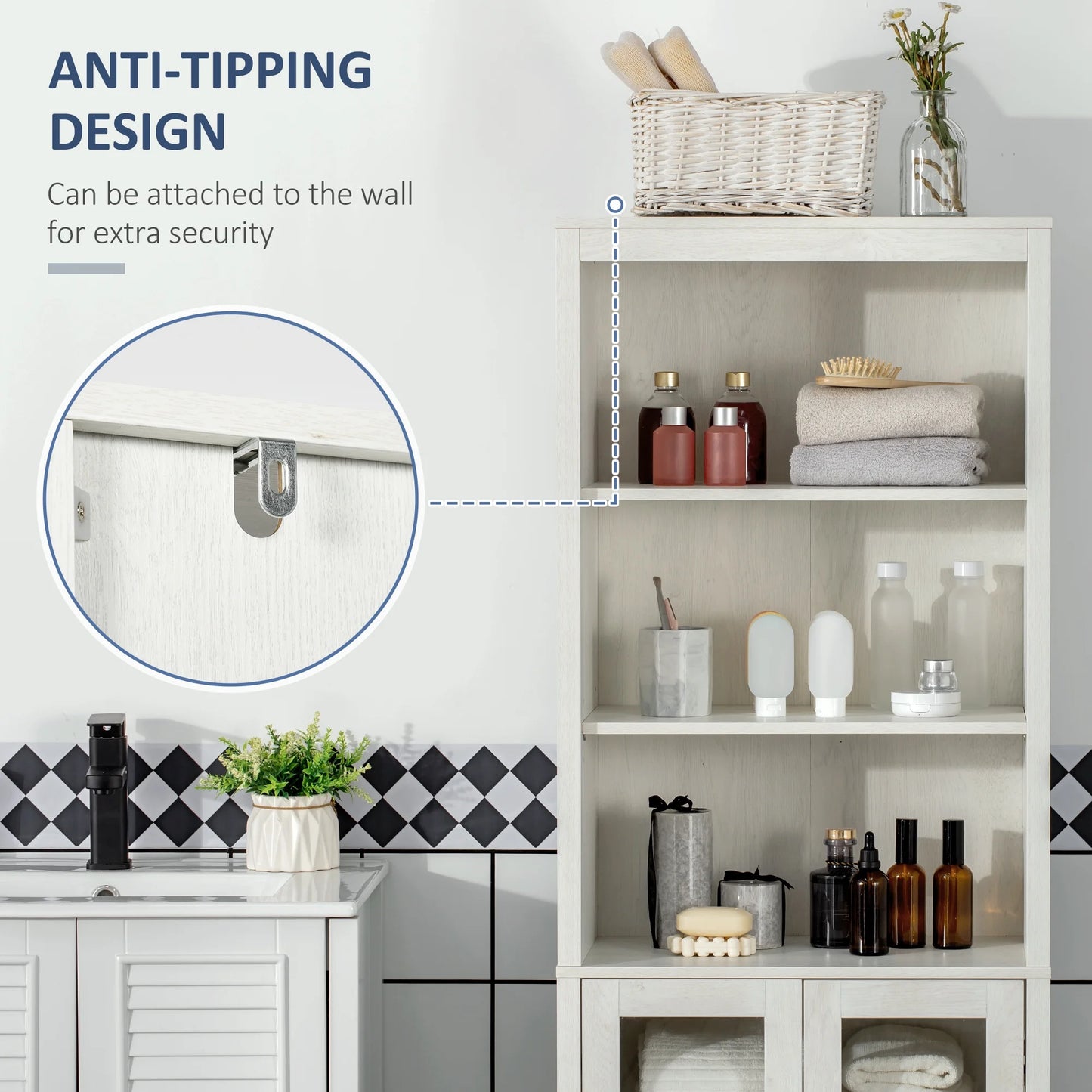 kleankin Tall Bathroom Storage Cabinet with 3 Tier Shelf, Glass Door Cabinet, Freestanding Linen Tower with Adjustable Shelves, Antique White