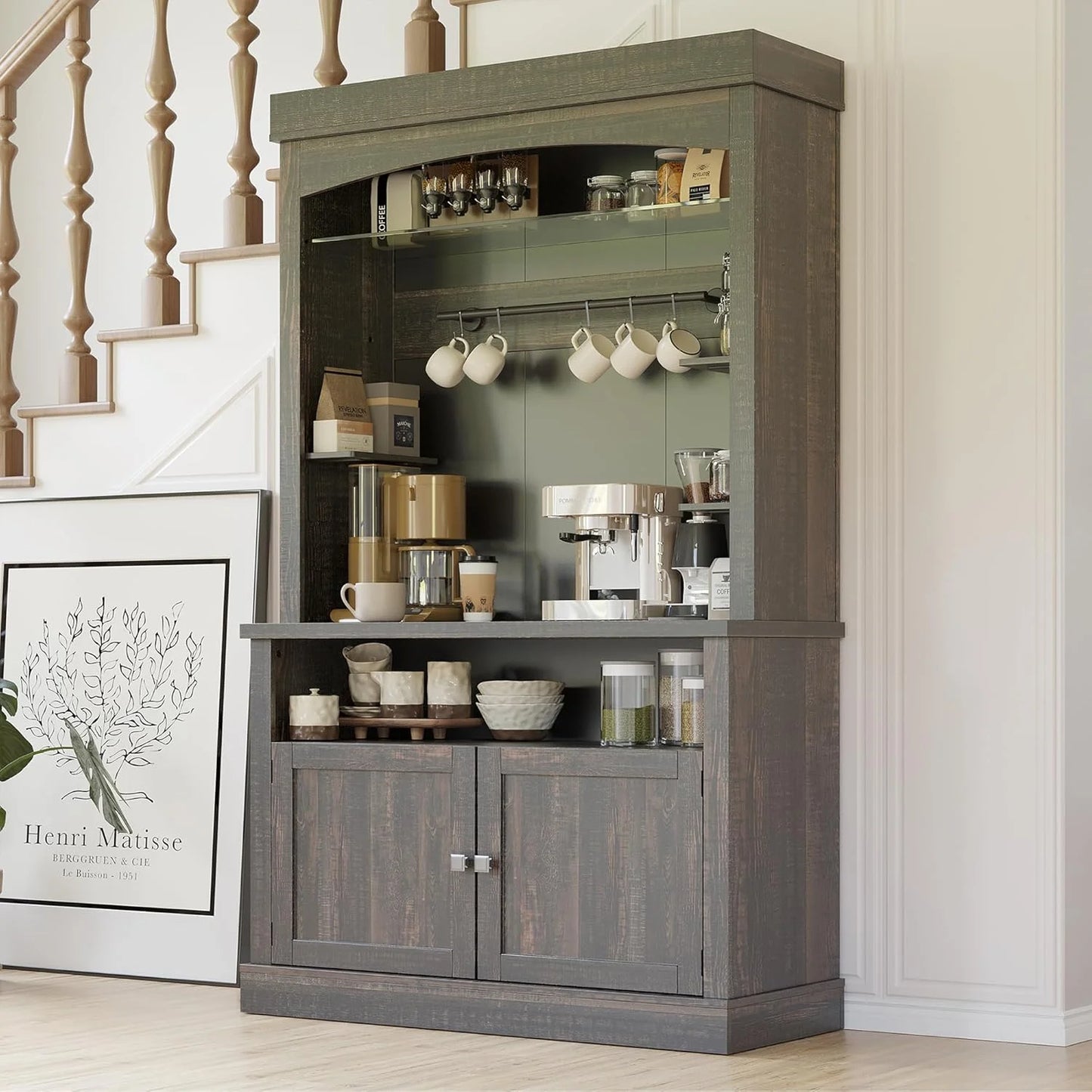 Homhougo Coffee Bar Cabinet with LED Lights, 72" Tall Buffet Cabinet with Storage, Farmhouse Kitchen Sideboard, Microwave Stand, Wine Rack, Glass Shelf, Kitchen & Dining Room Furniture, Dark Oak
