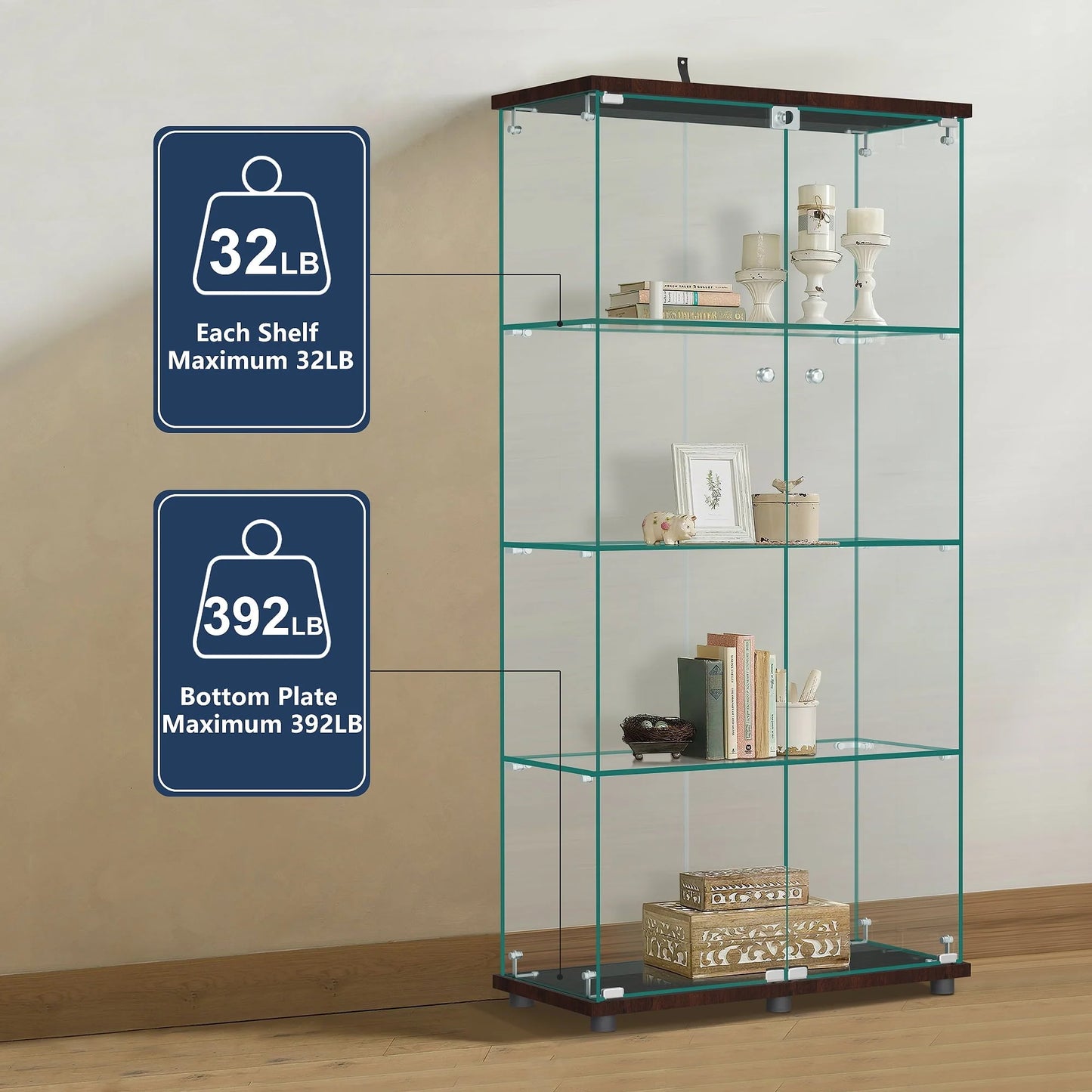 NeuType Glass Display Cabinet Bookcase Glass Frame Bookshelf Brown Double door 64.5"x32"x14.4"