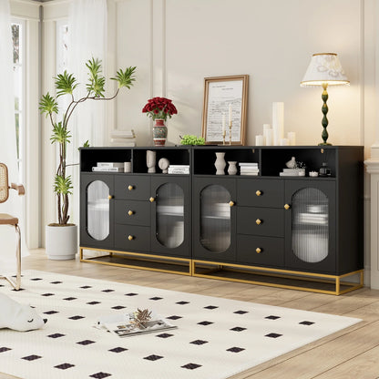 Homfa Sideboard Buffet, 3 Drawers Accent Cabinet with Open Shelf & Glass Doors, Black