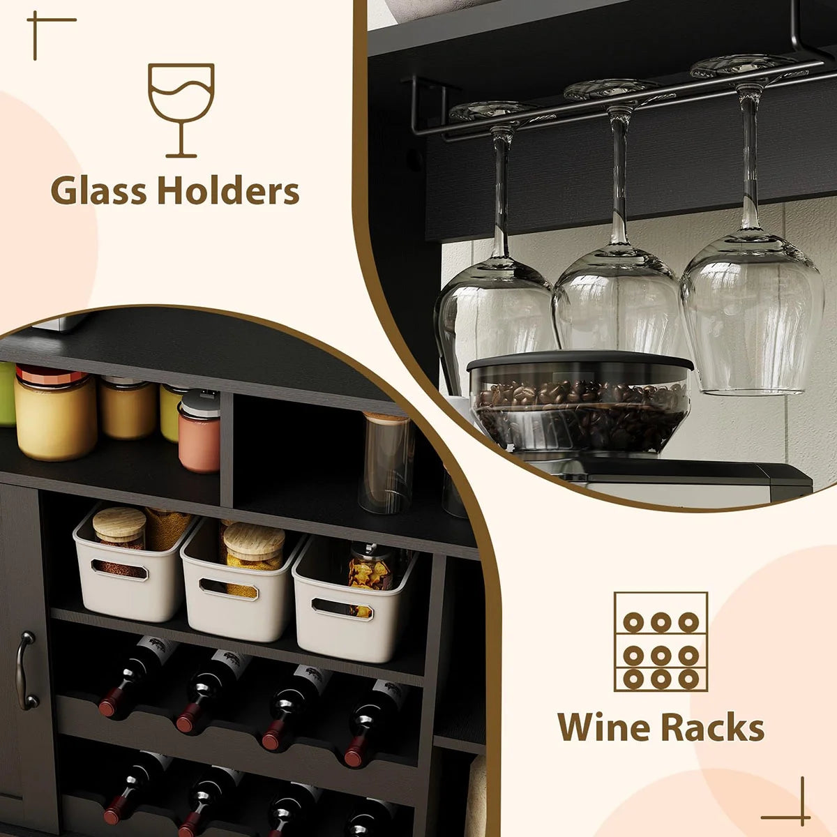 Ataucjin Farmhouse Coffee Bar Cabinet with Wine Rack,47''Coffee Bar Station with Power Outlet & Goblet Holder,Hutch Storage Cabinet with Glass Racks & 5 Hooks Sideboard Cabinets for Dining Living Room