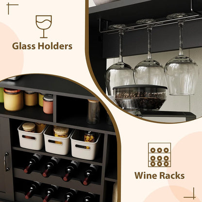 Ataucjin Farmhouse Coffee Bar Cabinet with Wine Rack,47''Coffee Bar Station with Power Outlet & Goblet Holder,Hutch Storage Cabinet with Glass Racks & 5 Hooks Sideboard Cabinets for Dining Living Room