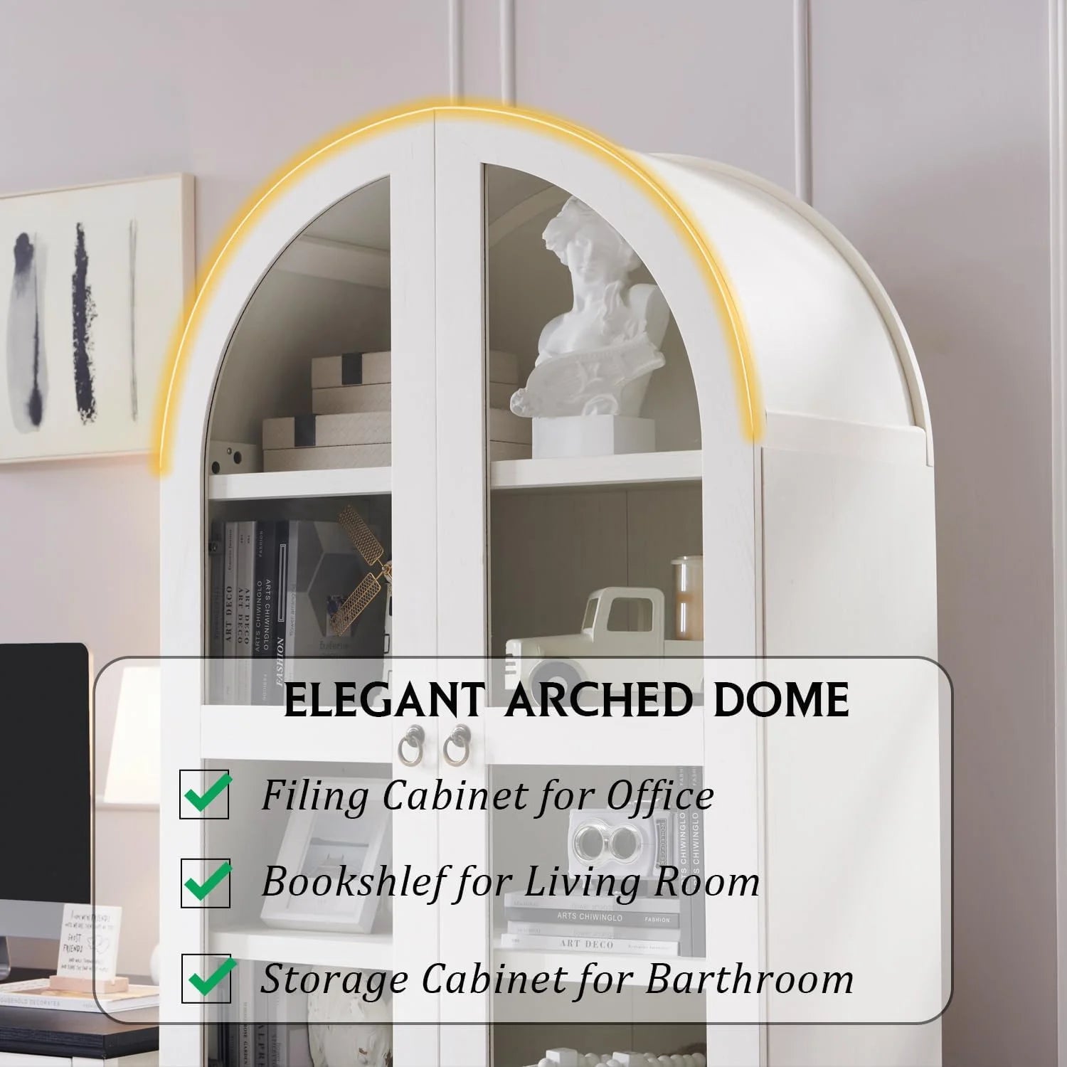IFGET 71-Inch Arched 4-Tier Bookcase with Glass Doors and Drawers