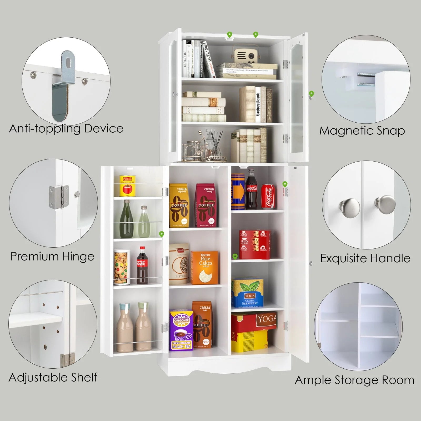 Homfa Kitchen Food Pantry Cabinet, 63.5'' Tall Storage Cabinet with Frosted Glass Doors and Adjustable Shelves, White