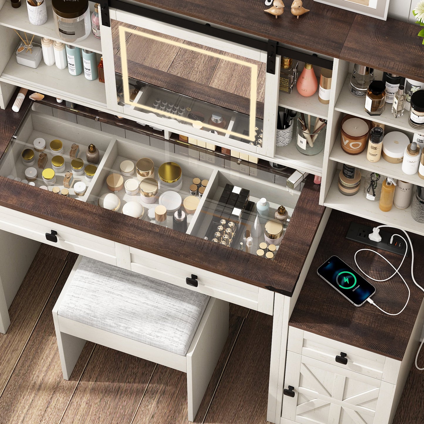 Blotout 47.2" Farmhouse Rustic Makeup Vanity Desk with Sliding Mirror and Lights, Glass Top Vanity Set with Charging Station & 3 Drawers & 1 Cabinet & Stool, Big Vanity (White)