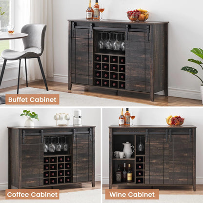 DSstyles 47" Coffee Bar Cabinet w/16 Wine & Glass Rack, Storage Shelves Farmhouse Wine Bar Cabinet w/Sliding Barn Door Rustic Large Buffet Sideboard Cabinet for Dining Room