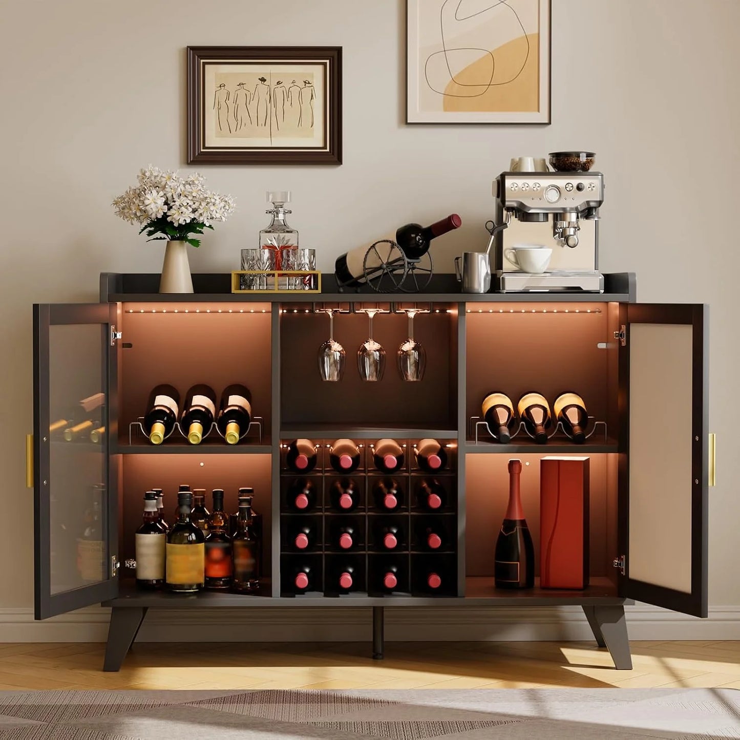 Farmhouse Wine Bar Cabinet with LED Lights, Home Coffee Bar Cabinet with Wine Racks and Glass Holders, Modern Buffet Sideboard with Acrylic Doors and Drawer for Dining Room, Bar, Living Room, Black