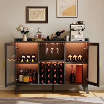 Farmhouse Wine Bar Cabinet with LED Lights, Home Coffee Bar Cabinet with Wine Racks and Glass Holders, Modern Buffet Sideboard with Acrylic Doors and Drawer for Dining Room, Bar, Living Room, Black