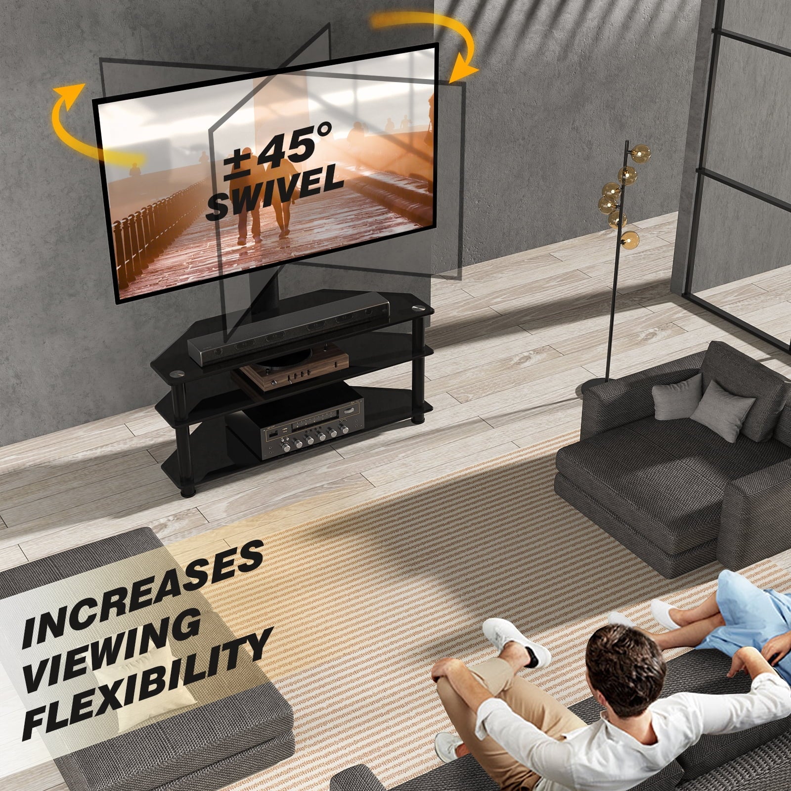 RTVR Modern 3-in-1 Flat Panel TV Stand for TVs up to 75 inch, Black Glass Shelves Table with Swivel Mount
