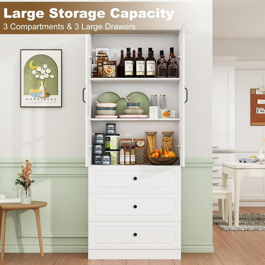 Blotout 78.7" Tall Kitchen Pantry Cabinet with 2 Glass Doors, Large Drawer Storage Cabinet with Shelves, Freestanding Storage Cabinet for Dining Room and Living Room