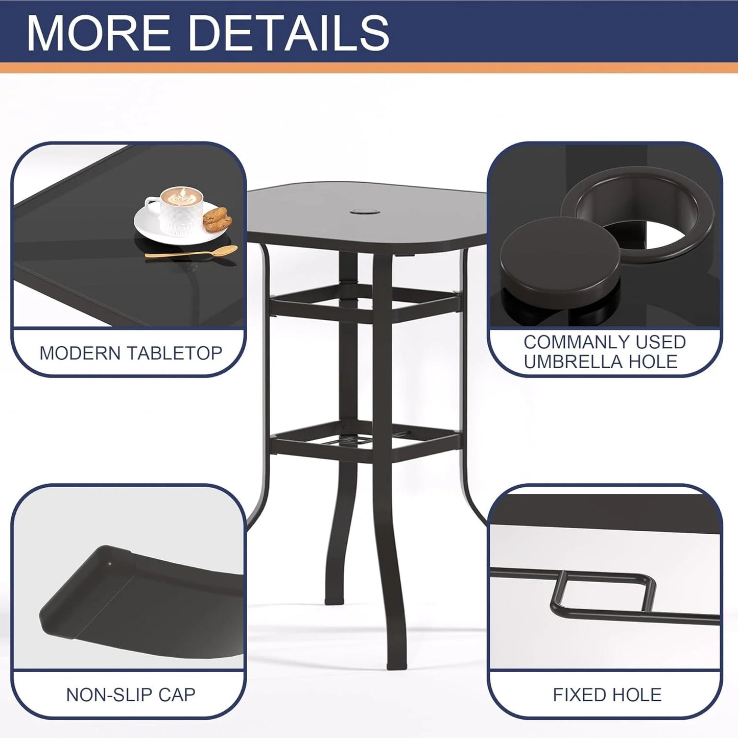 Poteban Patio Bar Height Table with Umbrella Hole, 2-Tier High Top Outdoor Bistro Table, Square Tempered Glass Metal Table for Patio, Lawn, Bar