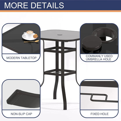 Poteban Patio Bar Height Table with Umbrella Hole, 2-Tier High Top Outdoor Bistro Table, Square Tempered Glass Metal Table for Patio, Lawn, Bar