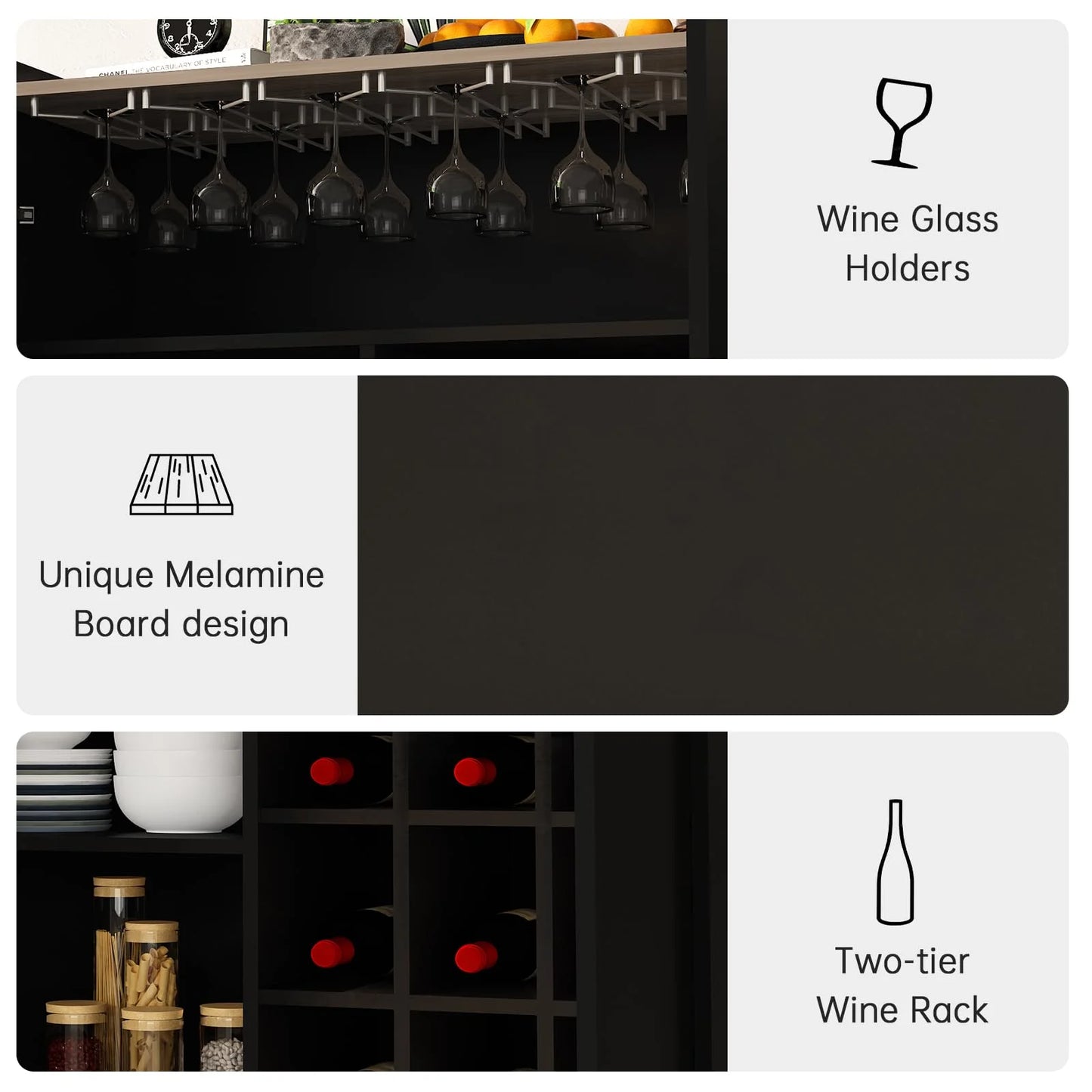 furlinkhm Wine Bar Cabinet, Industrial Bar Cabinets for Liquor and Glasses, 37" Kitchen Coffee Bar Cabinet Liquor Cabinet Bar for Home with Removable Wine Racks, Black