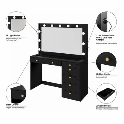 Ember Interiors Modern Large Greige Makeup Vanity Desk with Built-in Lights, Power Outlet with USB Type-C, Glass Top, 7 Drawers and Crystal Knobs