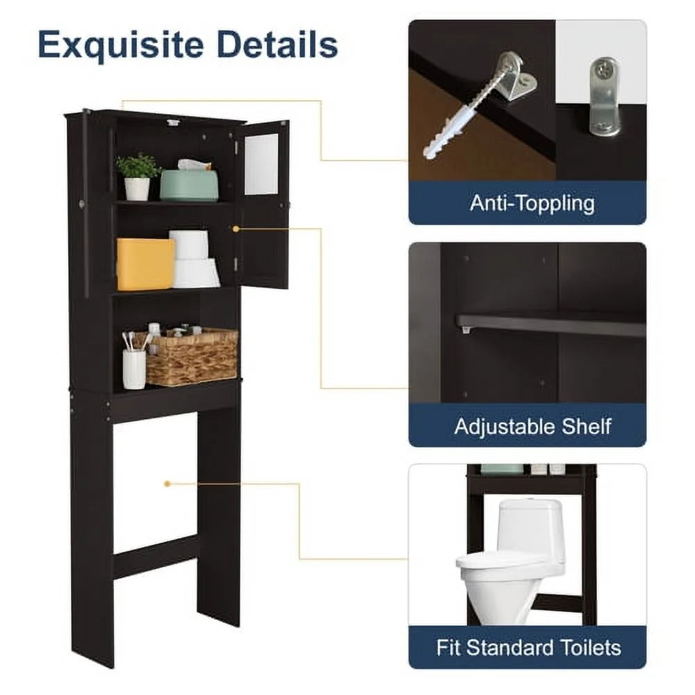 VINGLI Brown Over The Toilet Storage Cabinet, Adjustable Shelf, Double Acrylic Glass Doors